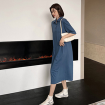 Korean maternity dress Spring and summer dress Mid-length over-the-knee loose short-sleeved top POLO lapel dress summer