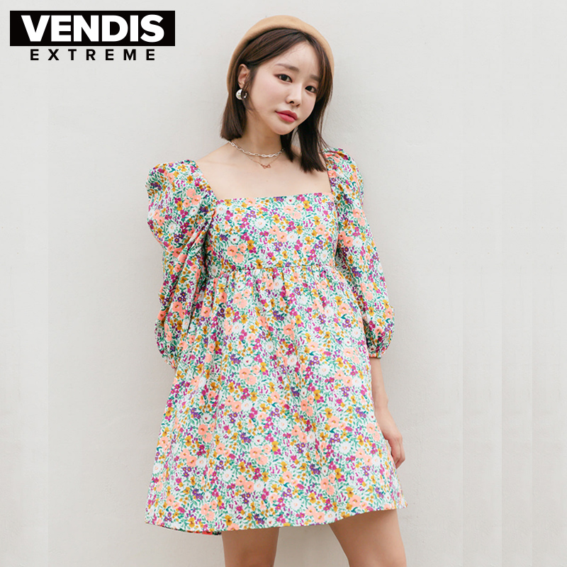 New one-piece dress casual youth with slim and high waist short skirts Broken Flowers Art Holiday Cute Sweet and Korean version of the sleeves-Taobao