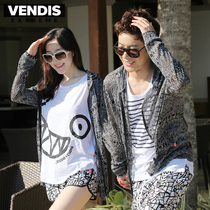 Beach sunscreen clothes Jacket cardigan thin section men and women lovers long sleeve hooded Korean version of retro geometric figure summer cotton