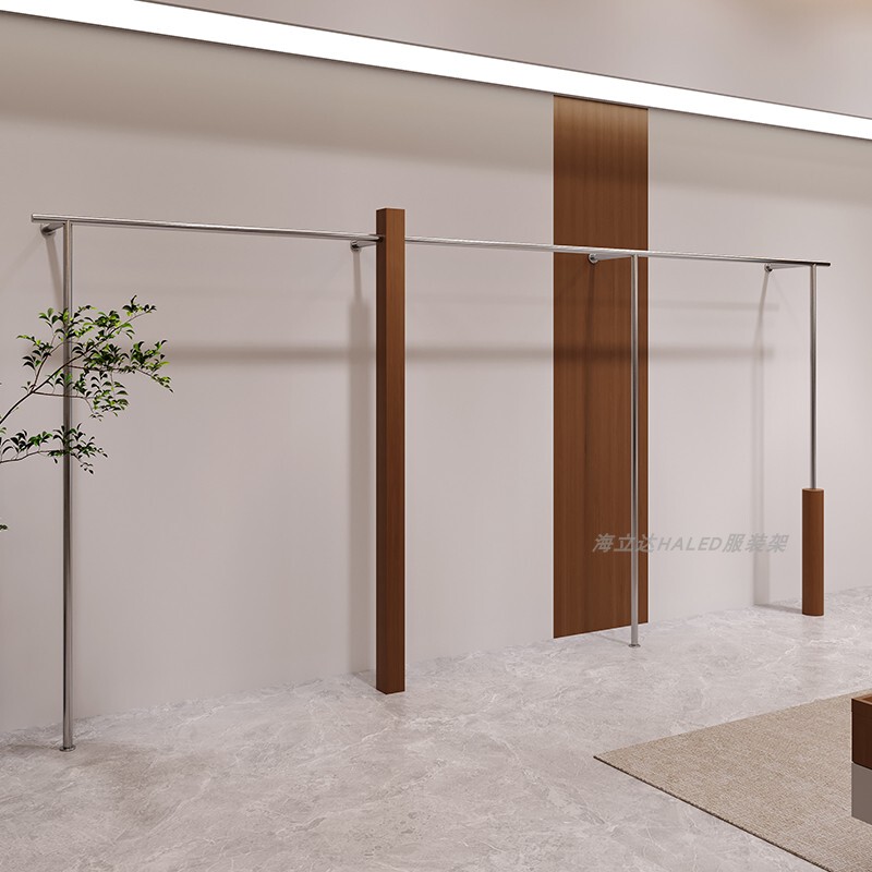 Clothing Store Display Racks, Wall-Mounted Women's Clothing Store Shelves, Floor-Standing Clothes Racks, Imitation Walnut Color Children's Clothing Stainless Steel Display Racks