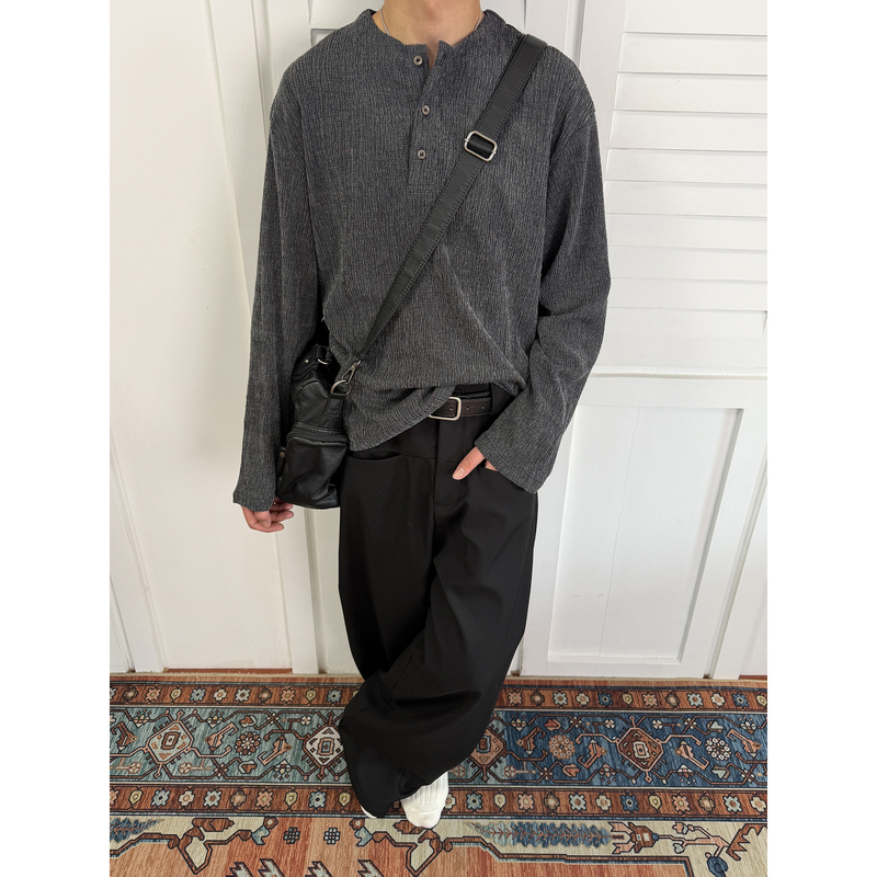 Kubu American-Style Wrinkled Henry Long-Sleeve T-Shirt for Men and Women, 4J Side Drawstring Branch Texture Creative Versatile Base Shirt