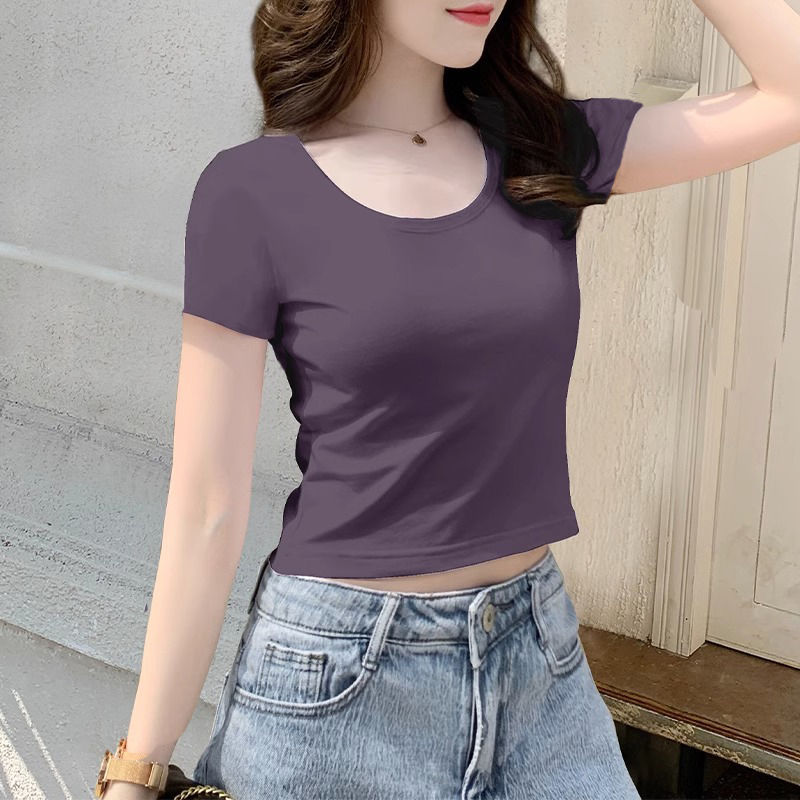 Dark Purple Round Neck Short-Sleeve T-Shirt for Women, Short Style, 2026 New Model, Summer Pure Cotton Versatile Slim-Fit Crop Top