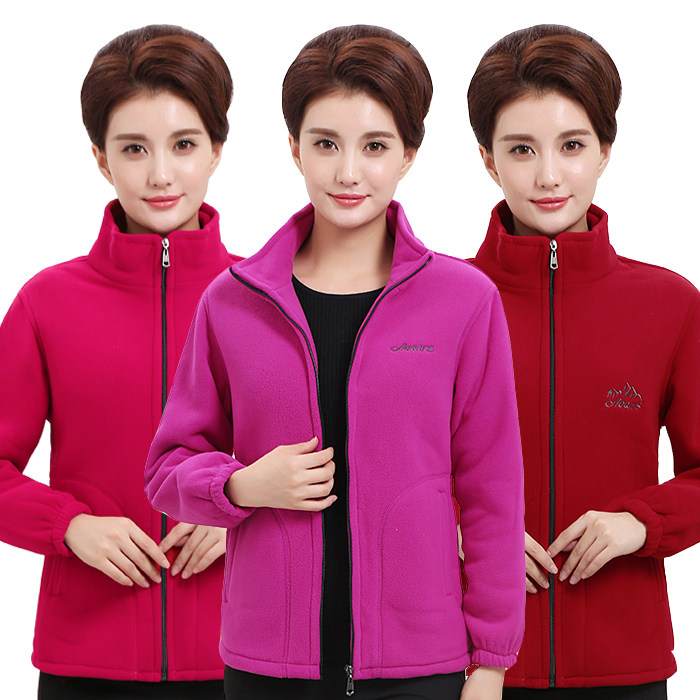 Middle-aged and elderly warm fleece jacket outdoor sports women's double-sided fleece jacket morning exercise mom dress cardigan top