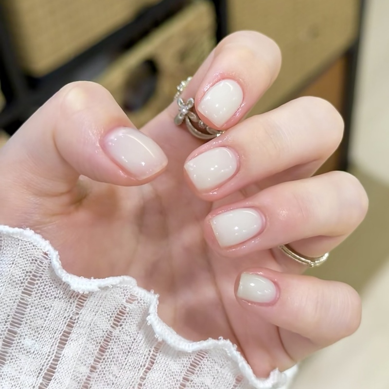 Handmade Nude-Colored Short Press-On Nails, Ice-Clear Yogurt White Nail Art Finished Product, Removable Fake Nail Tips Handmade Nude-Colored Short Press-On Nails, Ice-Clear Yogurt White Nail Art Finished Product, Removable Fake Nail Tips