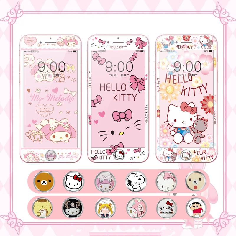 Suitable for Apple 4S/5S Cartoon Tempered Film Button Stickers 6P/6Sp Soft Edge Phone Film Non-Breaking Edge 8Plus/7P Screen Fingerprint Protector Se2/3 Cute Color Film Anti-Drop Coverage High-Definition Film