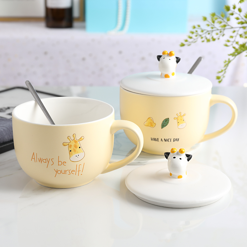 Cute Large Capacity Ceramic Mark Cup Teenage Girl Creative Drink Oatmeal With Water Mug Big Breakfast Cup With Lid Spoon