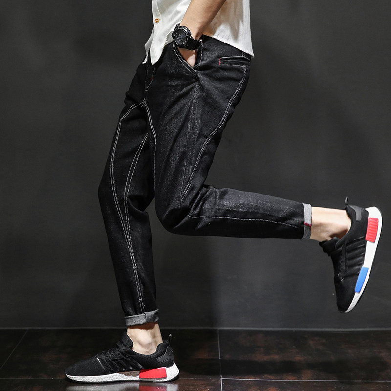 微胖男装哈伦裤子大码男裤加肥加大潮胖子收腿小脚裤弹力牛仔裤