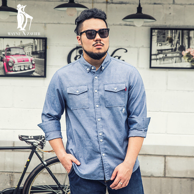 大码男装秋季长袖衬衫男加肥加大潮胖子肥佬宽松胖人打底衬衣4947