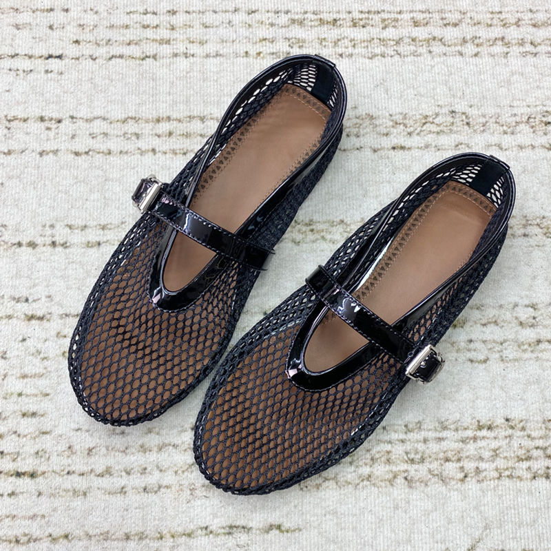 Al Niche Retro Mesh Hollow Fishnet Shoes Mary Jane Ballet Shoes Women's Comfortable Flat Shoes Sandals