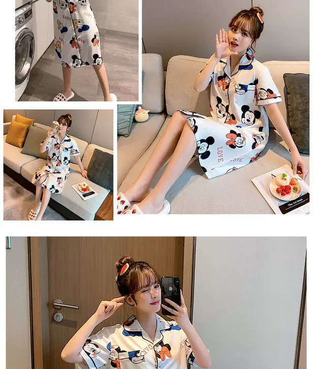 Váy ngủ gợi cảm nữ mùa hè băng lụa sinh viên áo sơ mi lụa dài tay ngắn giữa mùa hè phong cách đồ ngủ mỏng giữa váy cộng với kích thước - Đêm đầm