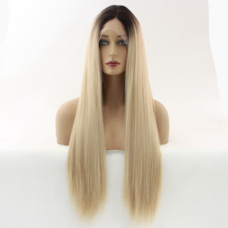 Fashionable Women's Long Straight Hair with Brown Roots and Golden Gradient, Synthetic Fiber Front Lace Center-Parted Full Wig