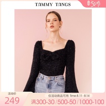 (the same style in the mall)sugar force spring new black tassel cut flower lantern sleeve thin short blouse top female