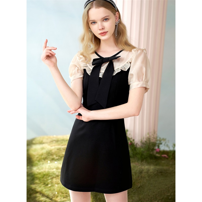 Apricot Black Color Matching【 Same style in shopping mall 】 Sugar power 2021 summer new pattern Sweet Color contrast Ruffles Splicing Short sleeve Close your waist Dress female