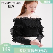 (Shopping mall with the same)Sugar force spring black long-sleeved pleated wave edge word shoulder shirt top womens short section