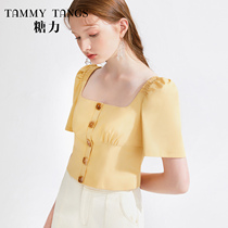 (Mall same model) Sugar Power summer new yellow square collar shirt thin short sleeve shirt top women