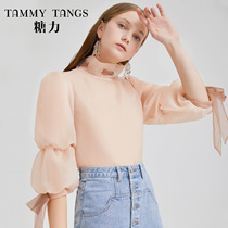 (Shopping mall same model) Sugar Power summer new orange pink bubble sleeve high collar strap organza blouse female