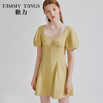 (Mall same model) Sugar Power summer new light yellow square collar short sleeve dress women waist thin skirt