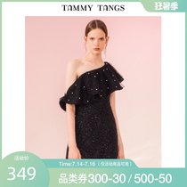 (Shopping mall with the same)Sugar force black temperament small dress female cut flower beaded mesh yarn thin oblique shoulder dress