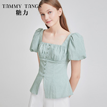 (Mall same model) Sugar Power summer new green check collar shirt pleated thin short sleeve shirt