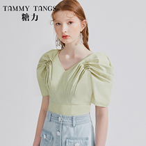 (Shopping mall same model) sugar beans green design feel pleated short sleeves slim short shirt top women Summer