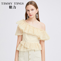 (Shopping mall same model) Sugar Power summer new bubble sleeve asymmetric shoulder thin short lace shirt top women