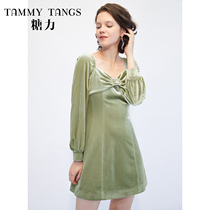 (Mall same model) sugar power winter new green long sleeve retro velvet skirt waist slim dress women