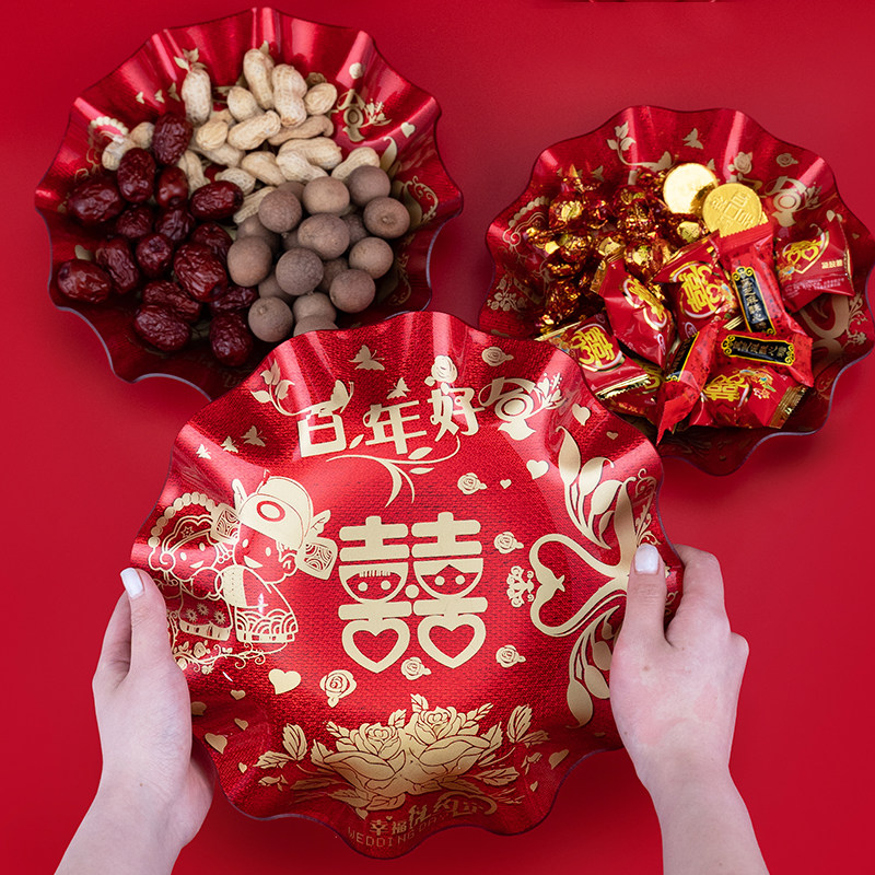 Wedding Supplies Home Decoration Large Red Acrylic Fruit Delight Tray Petal Fruit Tray Wedding Celebration Dowry Tobacco Sugar Plastic