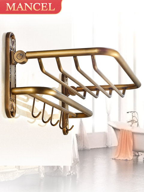 Folding towel rack, punch-free bathroom hardware, towel rack, European bathroom pendant, antique bathroom storage rack