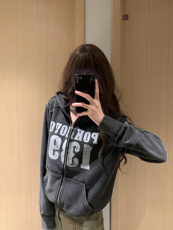 Yinlian Washed Design Letter Print Zipper Hooded Sweatshirt for Women, Loose Casual Versatile Top