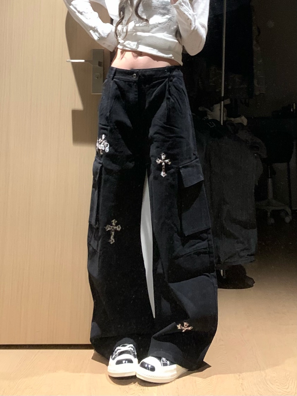 Yinlian Leopard Print Cross Embroidery Jeans for Women, Loose Fit, Straight Wide-Leg Workwear Pants