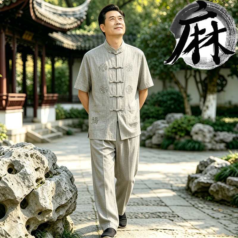 Pierre Cardin Linen Tang Suit Men's Short-Sleeve Set with Traditional Chinese Buttons, Chinese Style Linen Tai Chi Outfit Shirt and Pants