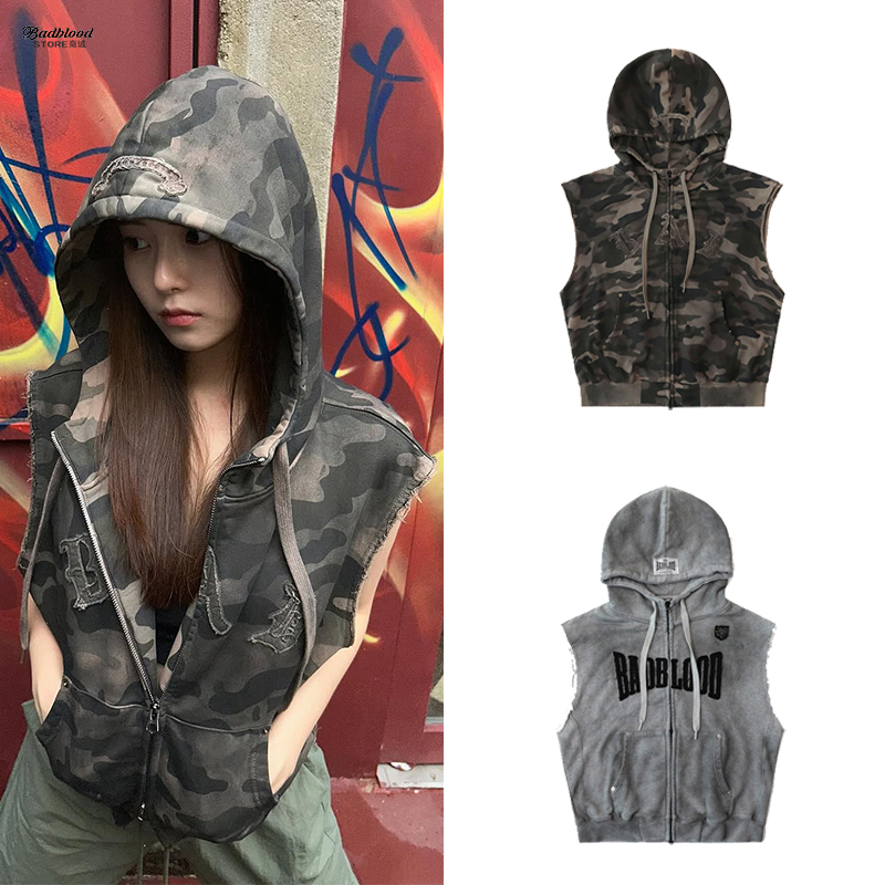 Badblood American Retro Camouflage Tie-Dye Hooded Vest Women's Street Casual Sleeveless Vest Jacket