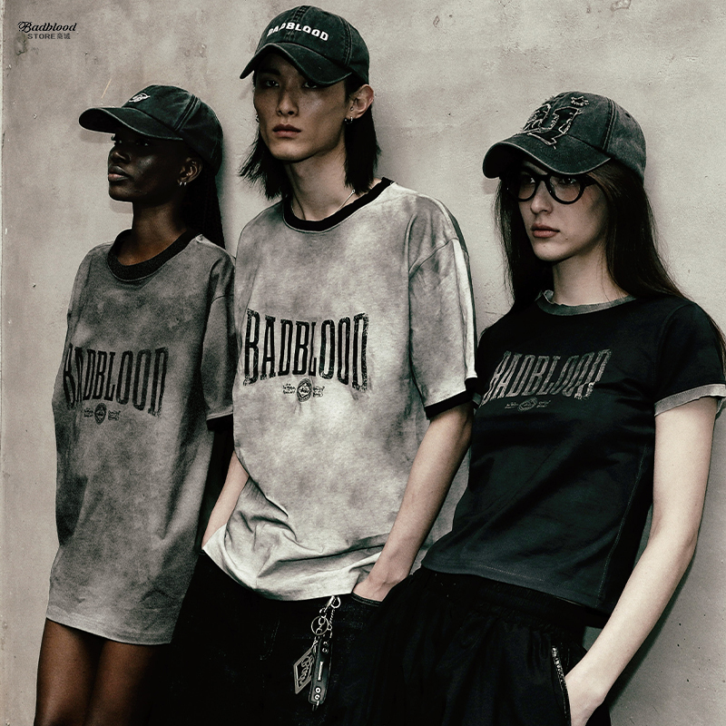 Badblood American High Street Washed and Distressed Black Short-Sleeved T-Shirt Casual Sports Hottie Tie-Dye Short Top