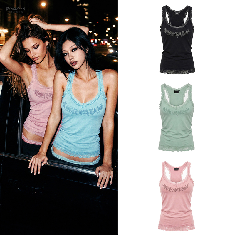 Badblood American Retro Letter Print Lace-Trimmed Racerback Tank Top Spicy Girl Dopamine Outfit Outerwear Top