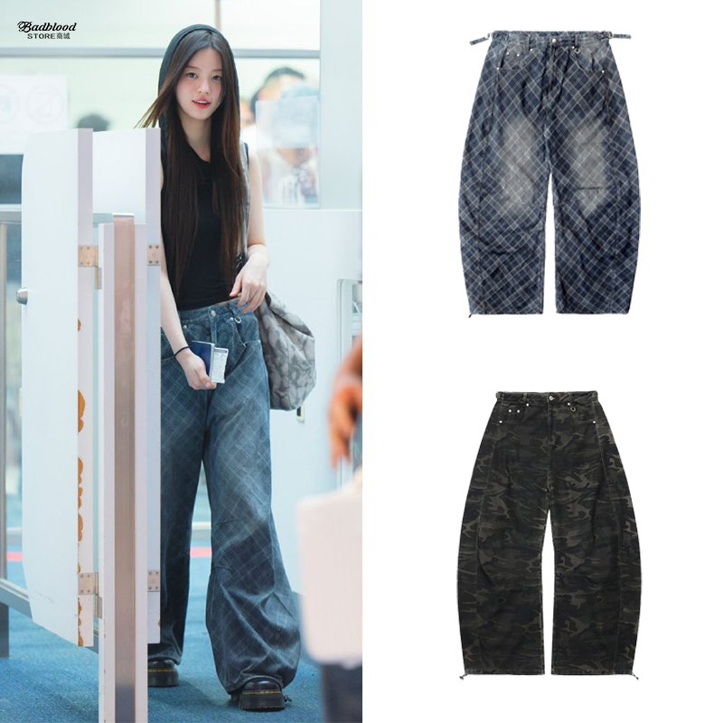 Minju Park Min-Joon's Same Style Badblood American Retro Plaid Jeans, Hot Girl Street Style Scimitar Wide-Leg Pants Minju Park Min-Joon's Same Style Badblood American Retro Plaid Jeans, Hot Girl Street Style Scimitar Wide-Leg Pants