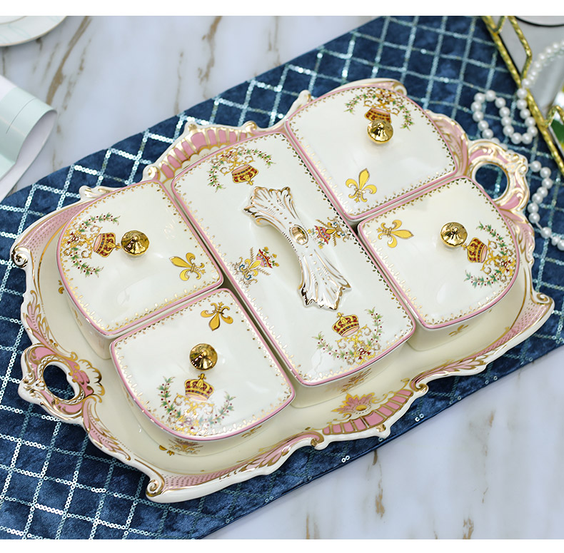 European ceramic dry fruit tray frame with cover candy dish snack dish sitting room tea table decoration furnishing articles of fruit tray