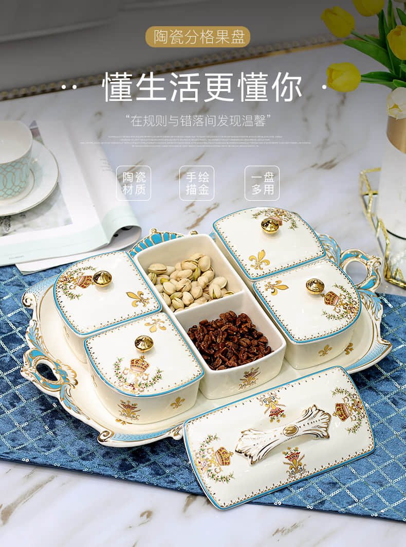 European ceramic dry fruit tray frame with cover candy dish snack dish sitting room tea table decoration furnishing articles of fruit tray