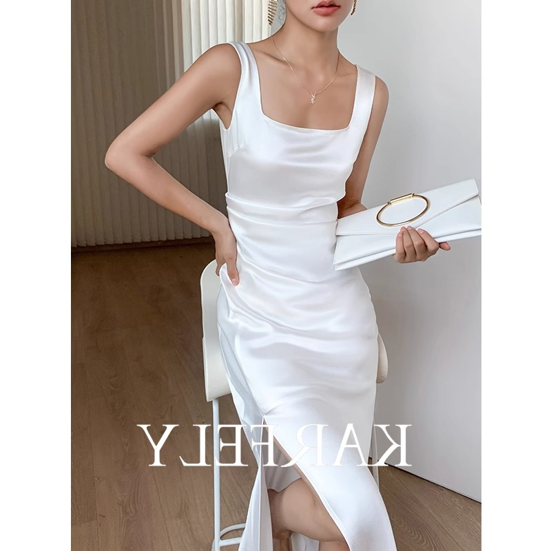 Acetate Satin Slip Dress with U-Neck, Long Dress with a Gentle and High-End Feel, Triacetate Satin Dress