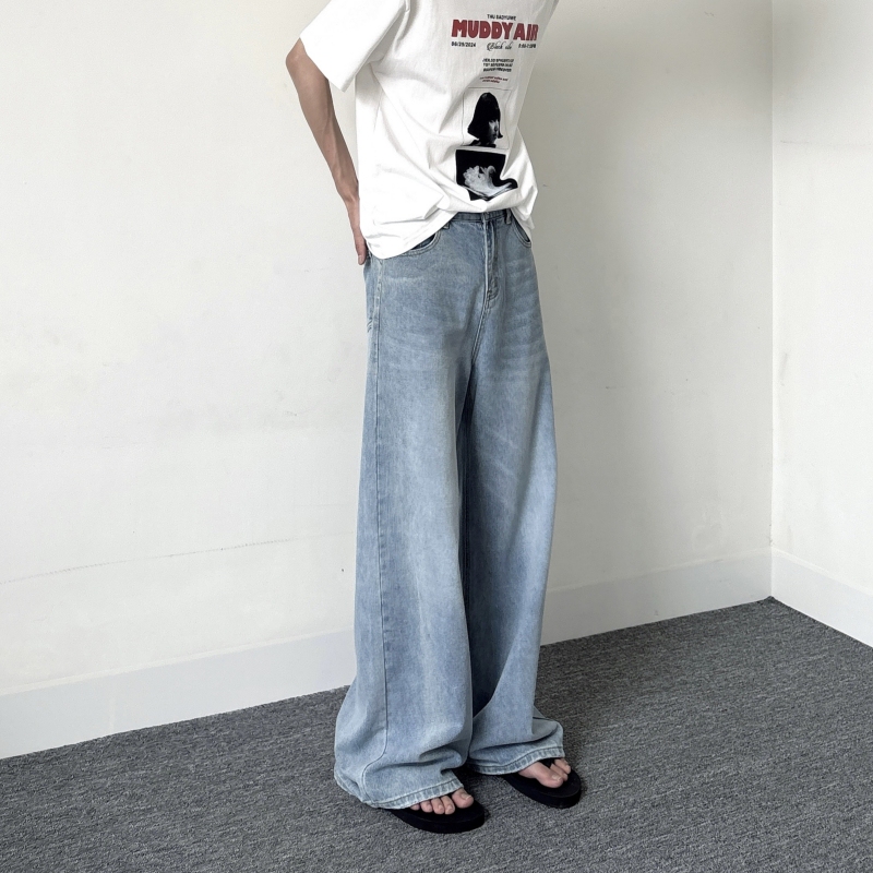 Thefsyone Floor-Length Jeans for Men 2024 Summer New American Style Trendy Brand Straight Loose Wide-Leg Retro