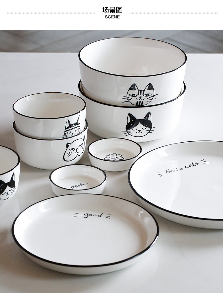 Blue Lotus Cat Rice Hộ gia đình Ăn bát Dễ thương Bắc Âu Bộ dao kéo Sáng tạo gốm nhỏ Bát đĩa ăn tối chén ăn cơm