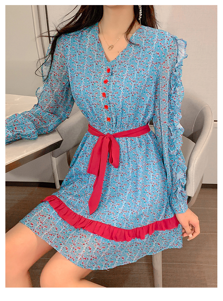 VK旗艦店 韓國風復古碎花雪紡木耳邊收腰長袖洋裝