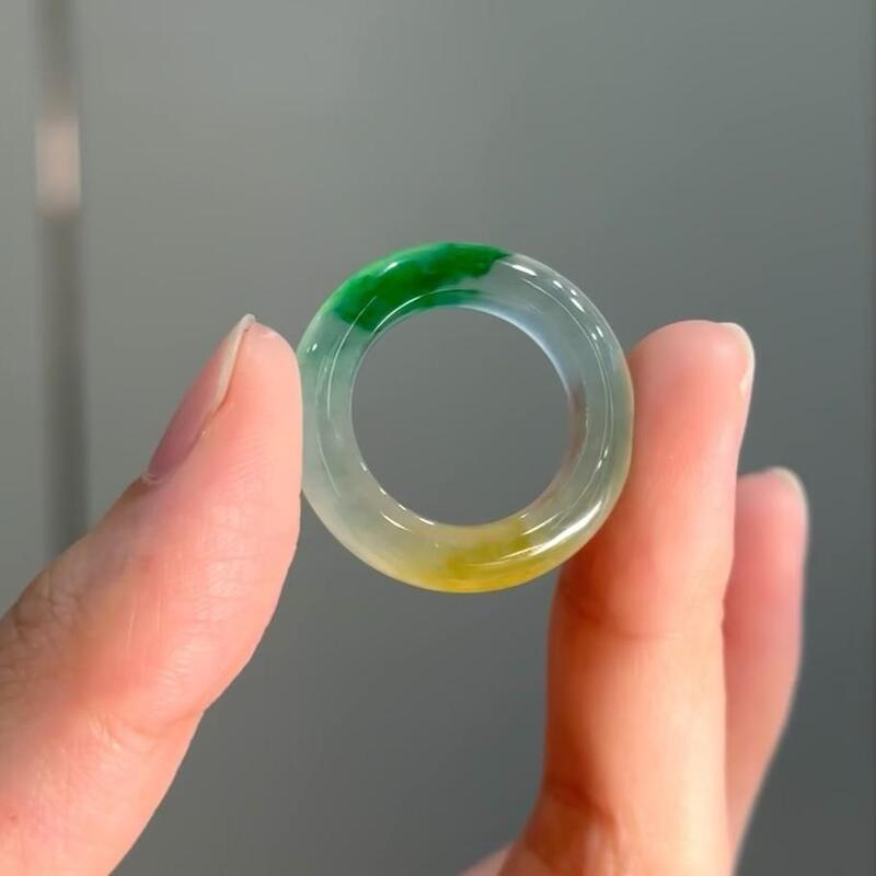 Natural Ice-Type Yang Green Jade Ring, Myanmar Natural A-Grade Genuine Jade Ring with Full Green Jade and Flowing Patterns, Unisex