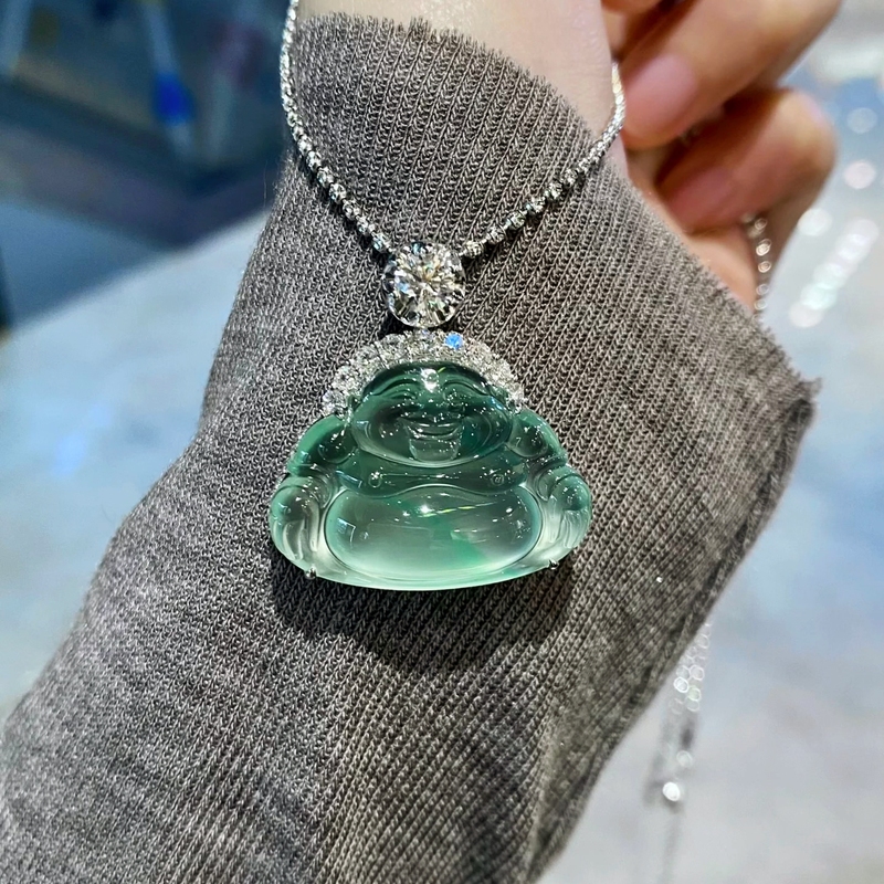 Ice-Type Clear Water Jade Buddha Pendant, Natural Burmese A-Grade Genuine Jade with Green Flower and Ice Transparency, Jade Buddha Pendant for Women with Certificate Ice-Type Clear Water Jade Buddha Pendant, Natural Burmese A-Grade Genuine Jade with Green Flower and Ice Transparency, Jade Buddha Pendant for Women with Certificate
