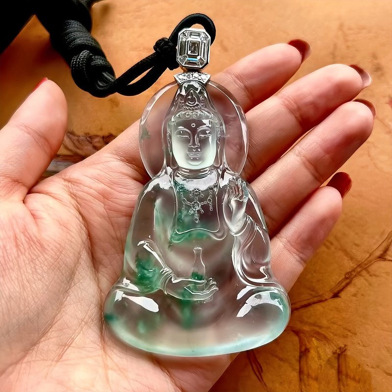 Natural High Ice Jadeite Pendant with Floating Flowers, Genuine Burmese Jade, Floating Green Bodhisattva Pendant, Birthday Gift for Men Natural High Ice Jadeite Pendant with Floating Flowers, Genuine Burmese Jade, Floating Green Bodhisattva Pendant, Birthday Gift for Men
