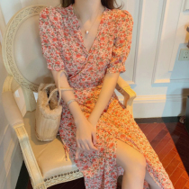 French vintage flower dress girl 2021 summer new super - sen tie and lean tea break dress