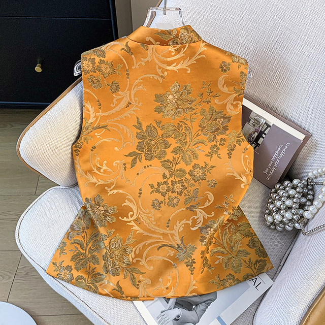 New Chinese-Style Tang Suit with a Stand-Up Collar, Traditional Chinese Style, Heavy-Duty Satin Jacquard Embroidery, Improved Hanfu Vest