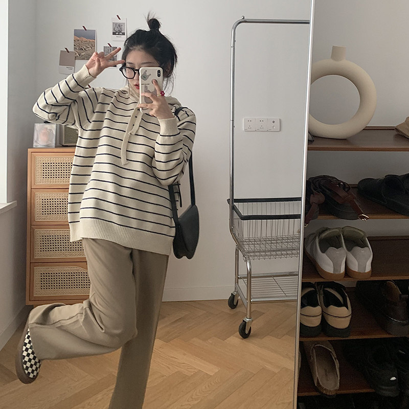 Generally cute striped hooded sweater women's 2021 new autumn and winter outer wear inner pullover Korean thin sweater