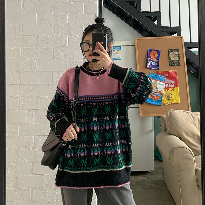 Generally cute sweater women's spring and autumn outer wear 2020 new retro print student pullover lazy wind sweater