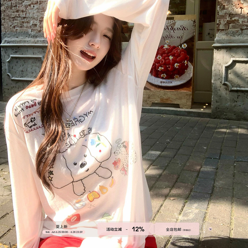 Anneshop"Fun Mousse T"2026 Summer Line Art Puppy Print T-Shirt Thin Long Sleeve Top for Women Sun Protection