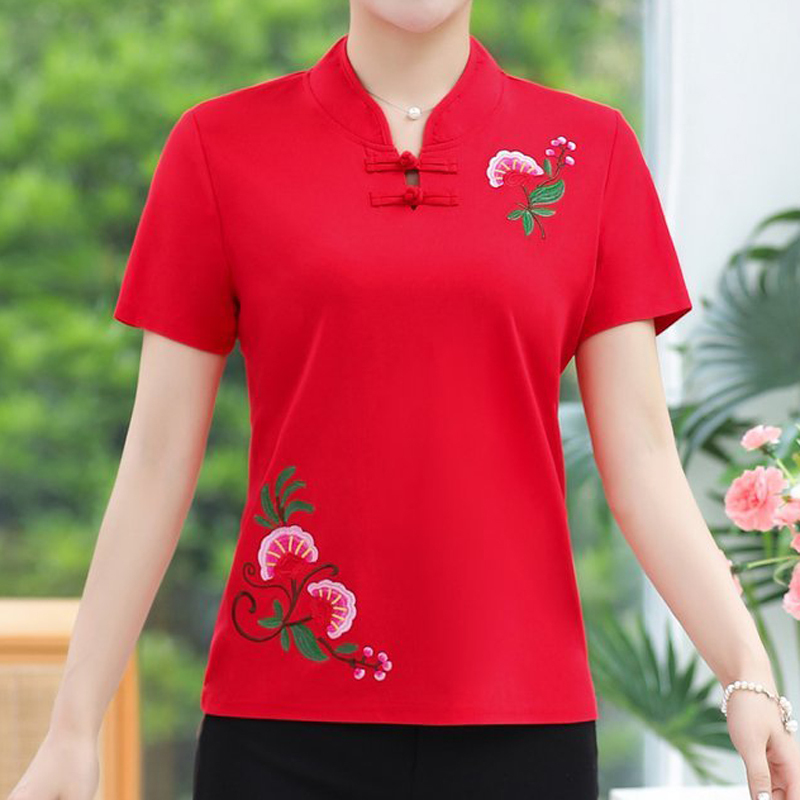 Mother's Summer Clothing Ethnic Style Short-Sleeved T-Shirt Embroidered Vintage Half-Sleeve Base Shirt Middle-Aged and Elderly Women's Embroidered Tang Suit T-Shirt Mother's Summer Clothing Ethnic Style Short-Sleeved T-Shirt Embroidered Vintage Half-Sleeve Base Shirt Middle-Aged and Elderly Women's Embroidered Tang Suit T-Shirt